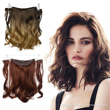 Natural Ombre Blonde Soft Long Clip in One Piece Hair Extension Wavy Invisible Wire Fish Line Hair Synthetic Hair Extensions